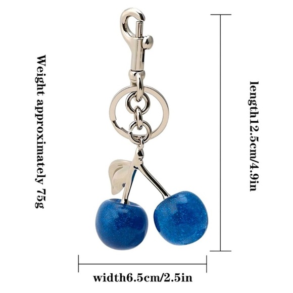 🍒 BLUE Cherry Keychain 🍒, Fashionably Delicious Summer Fruit Pendant Keyring - Picture 5 of 6